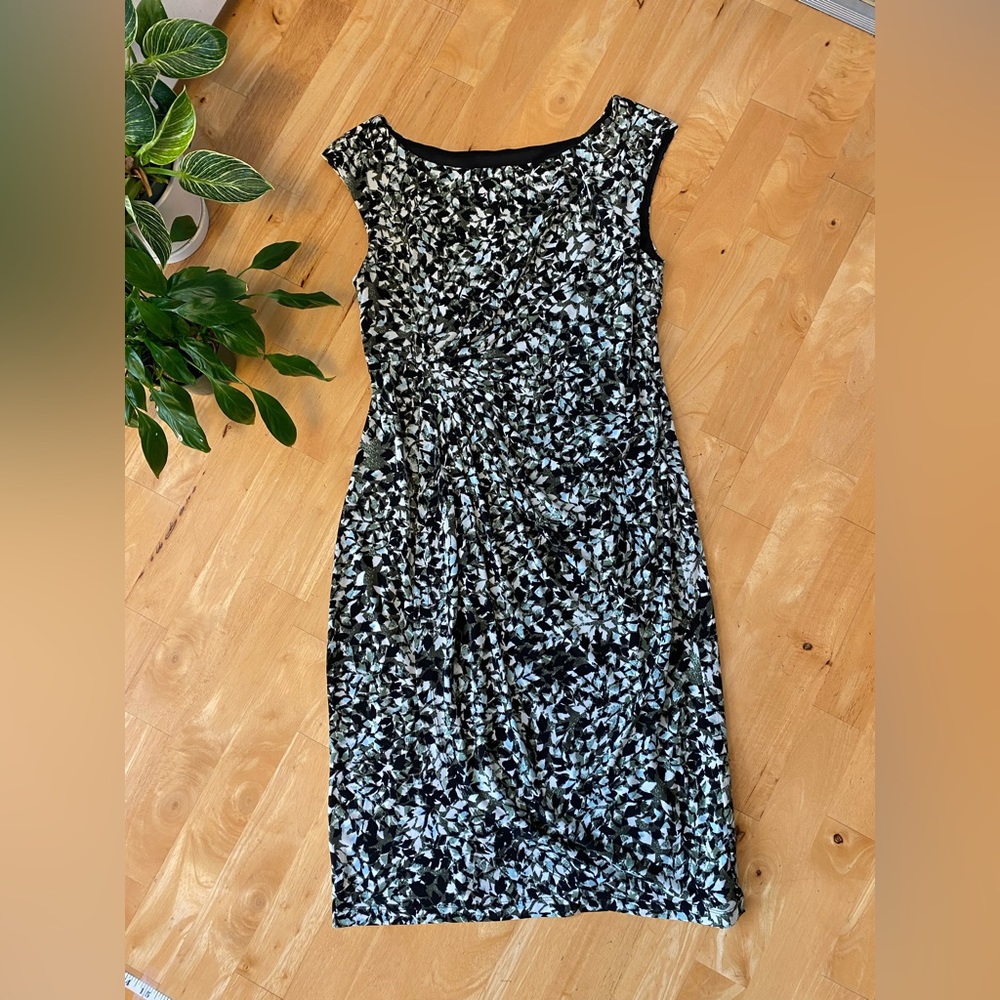 Connected Apparel Cap Sleeve Mock Wrap Dress little leaves